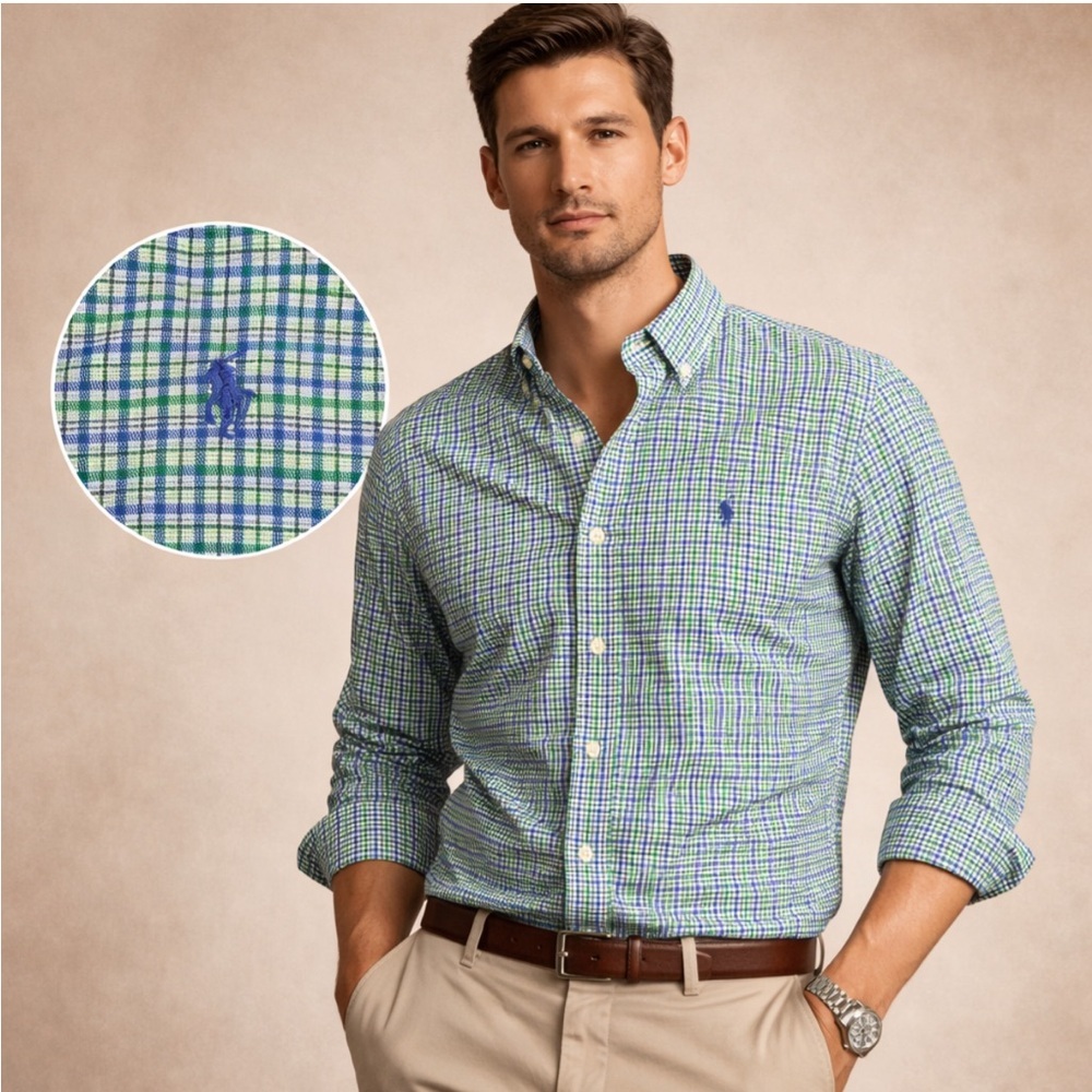 Ralph Lauren Men’s Cotton Stretch Green Blue Plaid Button Down Shirt Size L